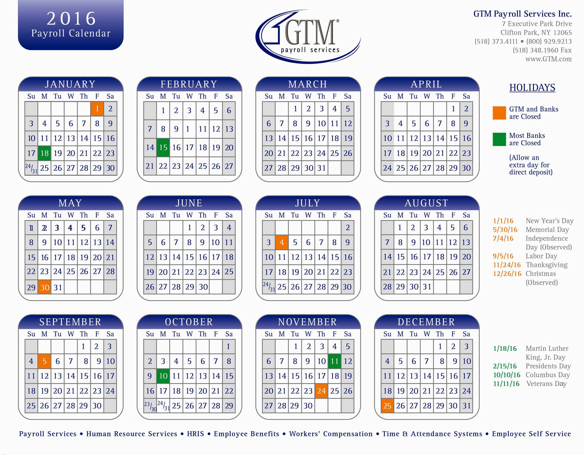 2016 Payroll Holiday Calendar GTM Payroll Services